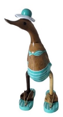 12" Brown and Blue Girl Beach Duck Wood Figurine