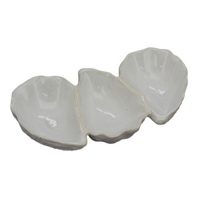 10" White Three Compartment Oyster Ceramic Dish