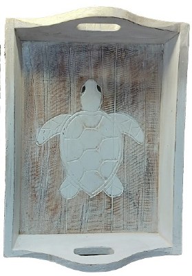 16" Whitewashed Wood Sea Turtle Tray With Handles