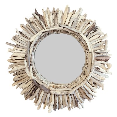 24" Round Driftwood Sticks Coastal Mirror
