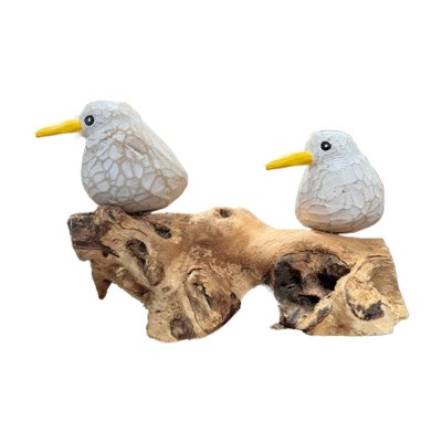 8" Two Distressed White Shorebird Figurines on Driftwood