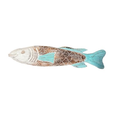 39" White, Brown, and Aqua Wood Fish Coastal Wall Art Plaque