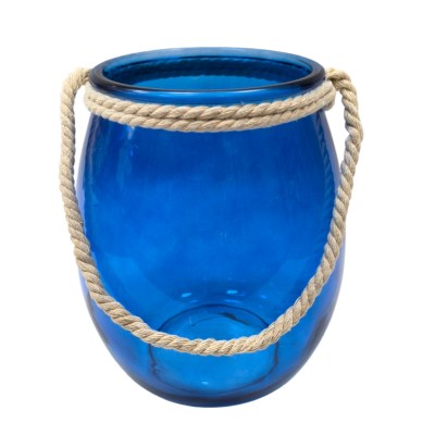 8" Dark Blue Glass Lantern With a Rope Handle