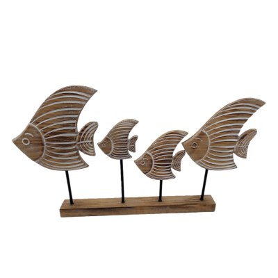 16" Brown and White Four Fish on a Stand Wood Statue