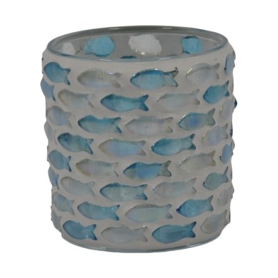 3" Blue and White Fish Mosaic Glass Votive Holder