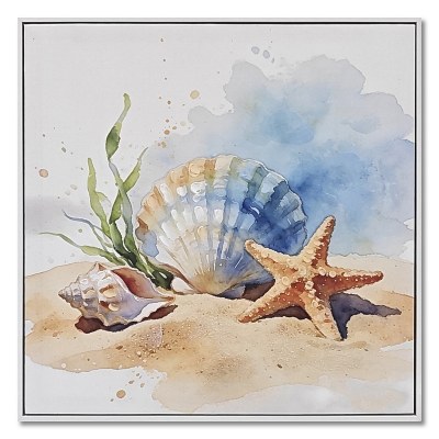21" Sq Scallop Shell and Starfish Framed Coastal Canvas