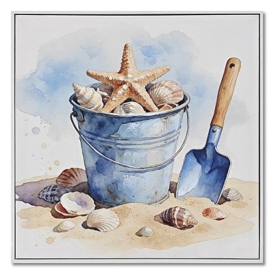 21" Sq Bucket of Seashells Framed Coastal Canvas
