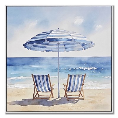 21" Sq Chairs Under a Blue Umbrella on the Beach Framed Coastal Canvas