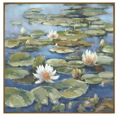 48" Sq Blue Water Lilies Framed Botanical Canvas