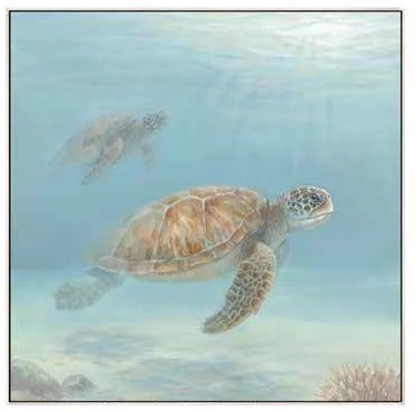 36" Sq Sea Turtle Swimming Above Framed Coastal Canvas