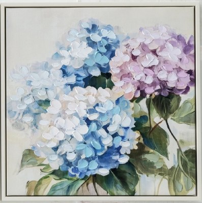 16" Sq One Purple and Three Blue Hydrangeas Framed Floral Canvas