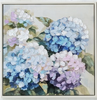 16" Sq Three Purple and Two Blue Hydrangeas Framed Floral Canvas