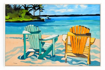 44" x 60" Yellow and Blue Chairs on Beach Coastal Framed Canvas