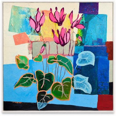48" Sq Purple Flower on Blue Abstract Framed Canvas
