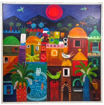 48" Sq Multicolor City Palms Framed Canvas