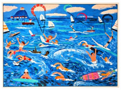 44" x 60" Blue Water Swimmers Coastal Framed Canvas