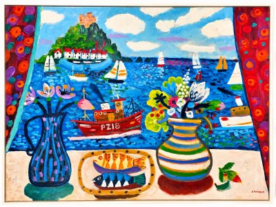 44" x 60" Vase and Pitcher Harbor Coast Framed Canvas