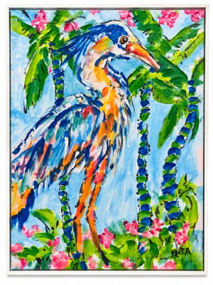 40" x 30" Blue Heron and Palms 2 Coastal Framed Canvas