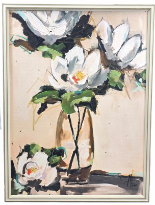 40" x 30" Magnolia Vase 1 Canvas in a Brown Frame