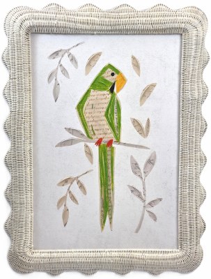 32" x 24" Green Parrot Canvas in a White Wicker Frame