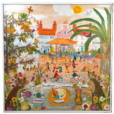 48" Sq Cat City Scene Framed Canvas