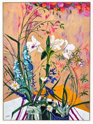 60" x 44" White and Purple Flowers Framed Canvas