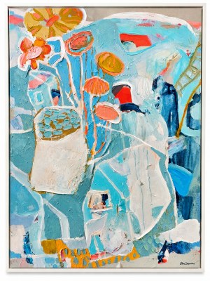 40" x 30" Light Blue and White Abstract 1 Framed Canvas