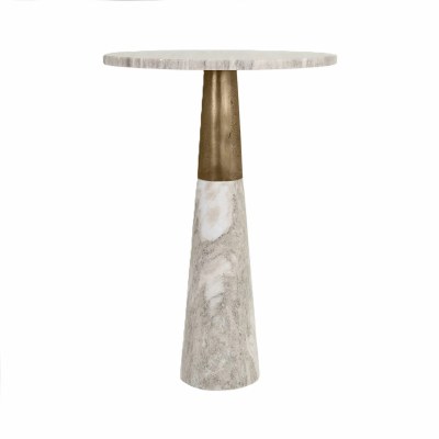 15" Round Natural Stone Antique Gold Pedestal End Table
