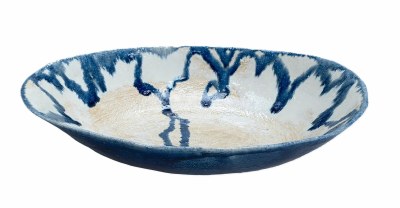 14" Oval White Dark Blue Drip Ceramic Bowl