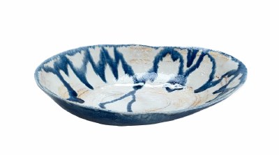 12" Oval White Dark Blue Drip Ceramic Bowl