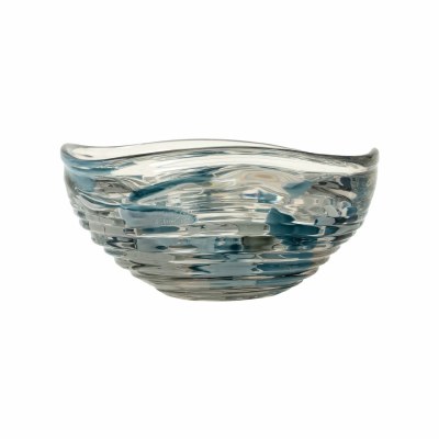 12" Round Clear and Blue Ribbed Glass Bowl