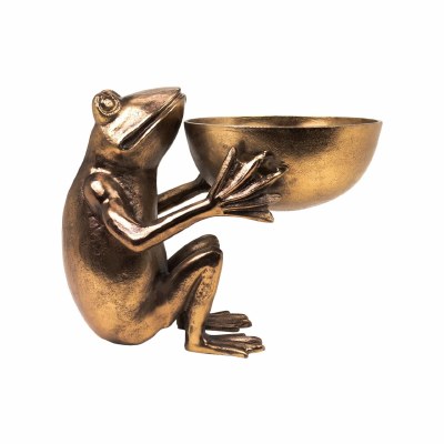 11" Metal Antique Gold Frog With Bowl