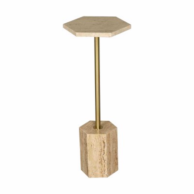 10" Hexagon Beige Stone Antique Brass End Table