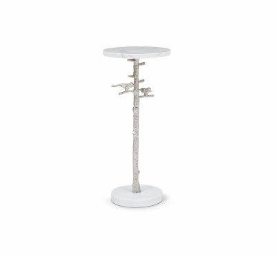 10" Round White Marble Silver Bird End Table