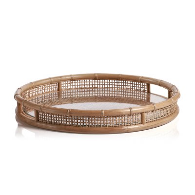 20" Round Natural Rattan Tray With Glass Insert