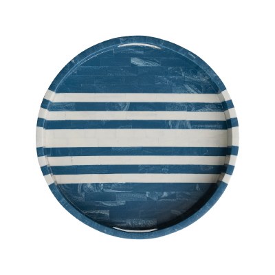 16" Round Blue and White Stripe Polyresin Tray