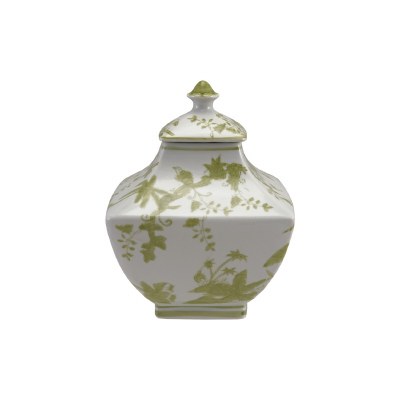 10" Green and White Palm Ceramic Jar