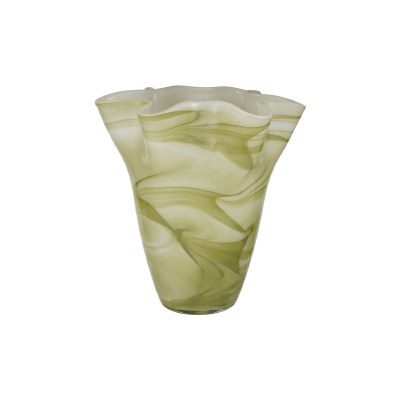 9" Green and White Ruffle Glass Vase
