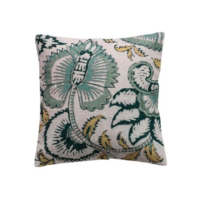 18" Sq Green and  Yellow Print Decorative Pillow