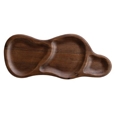 11" x 26" Brown Three Compartment Footed Wood Tray