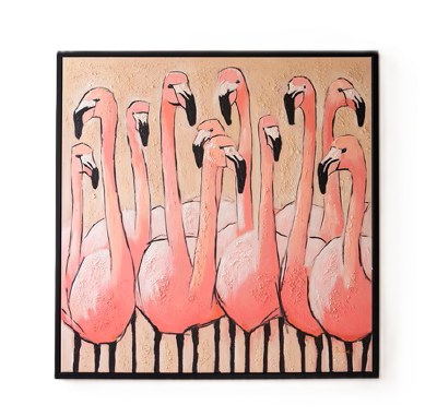 35" Sq Eleven Flamingos Framed Coastal Canvas