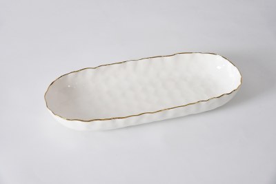 7" x 16.75" Oval Gold Rim Pocelain Bowl by Pampa Bay