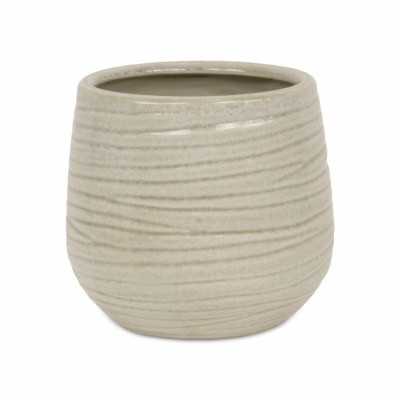 6" Round White Groove Ceramic Pot
