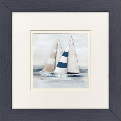 12" Sq  Two Blue and Tan Sailboats Framed Coastal Print