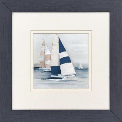 12" Sq  Three Blue and Tan Sailboats Framed Coastal Print