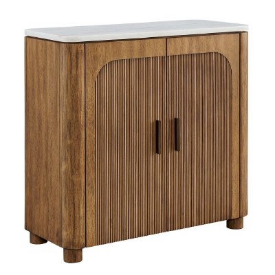 32" White Marble Brown Wood Two Door Cabinet