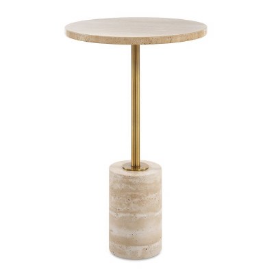 14" Round Travertine Brass End Table