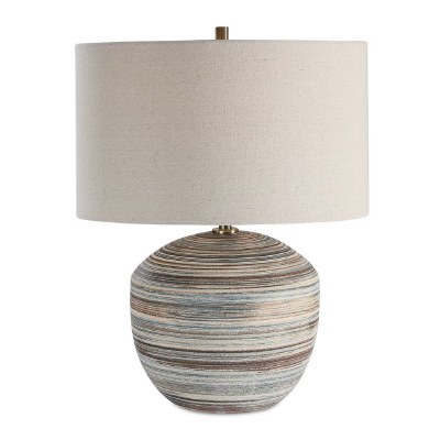 22" Taupe and Blue Stripe Ceramic Lamp
