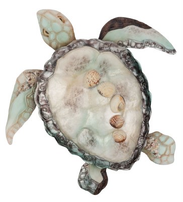 15" White, Aqua, and Antiqued Silver Capiz Turtle Plaque