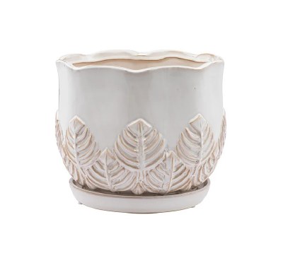 9" Round Ivory Leaf Pot With Saucer